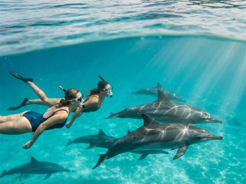 Snorkellers swimming alongside dolphins in clear blue water