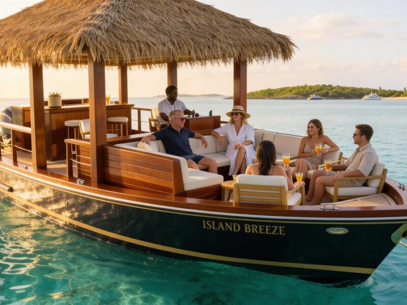 Guests aboard a thatched-roof charter boat on calm turquoise water